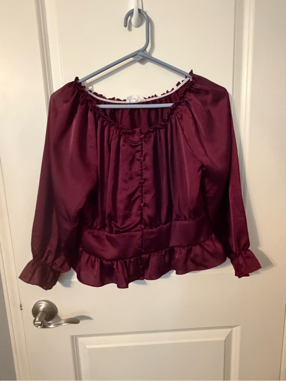 Beautees Satin Peasant Blouse in Burgundy